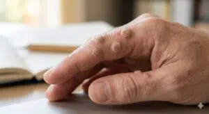 Hände bei der dermatologischen Untersuchung einer Warze