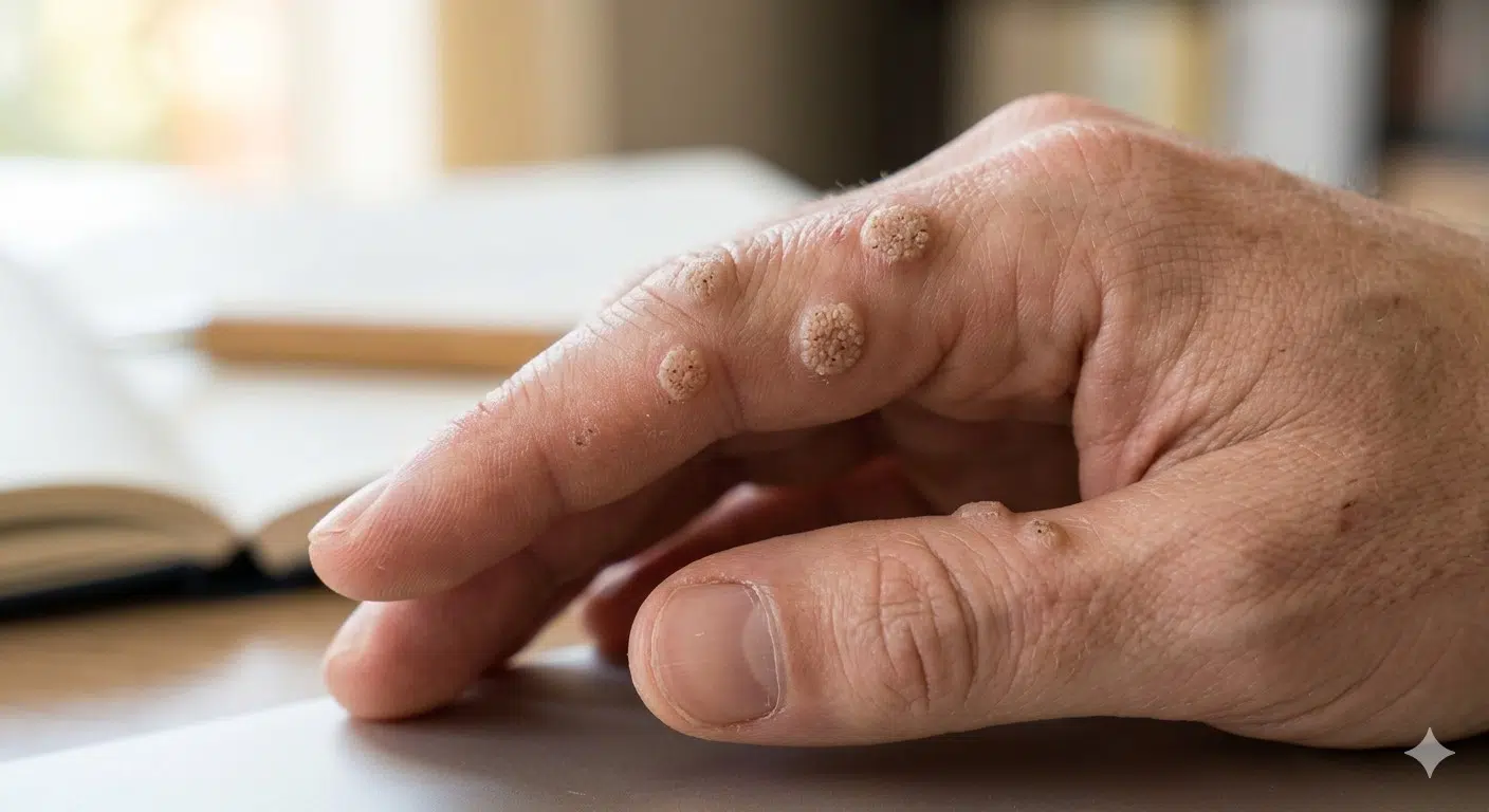 Hände bei der dermatologischen Untersuchung einer Warze